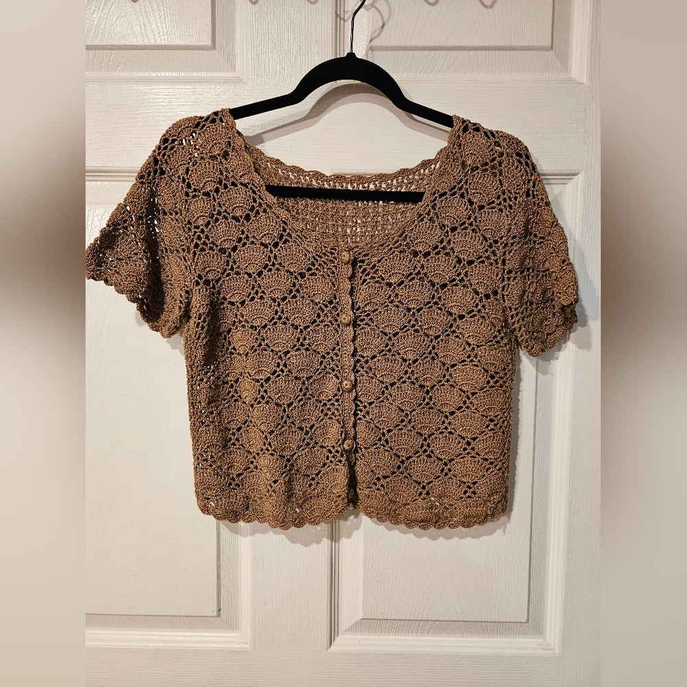 Source Unknown Brown Cropped Short Sleeve Cardigan